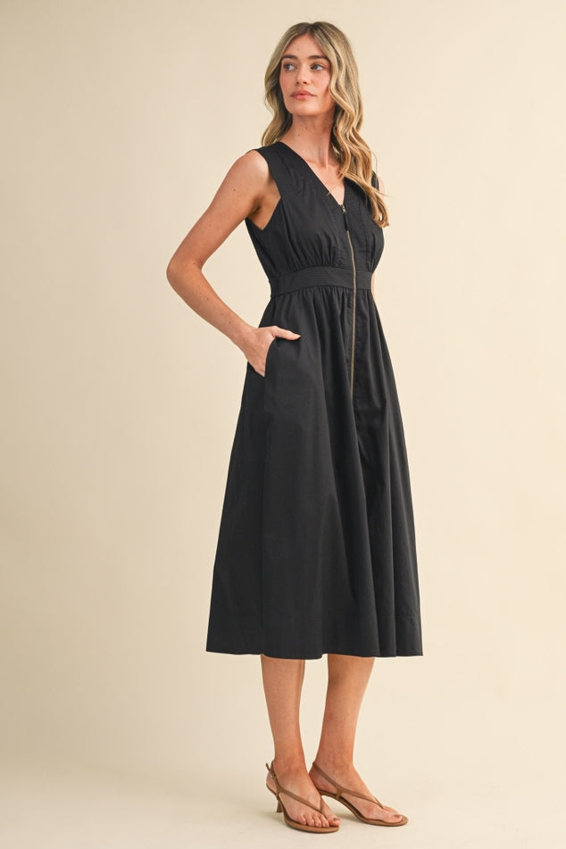 SLEEVELESS ZIPPER FRONT MIDI DRESS