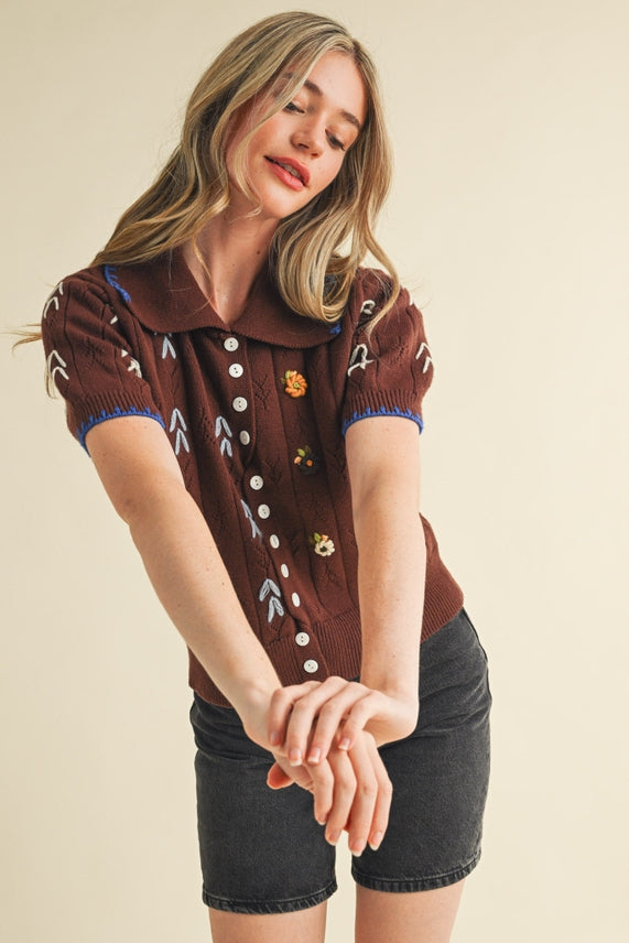 SS BUTTON DOWN EMBROIDERED SWEATER