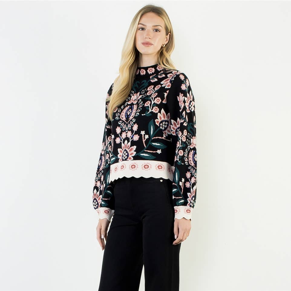 HIGH NECK FLORAL SWEATER