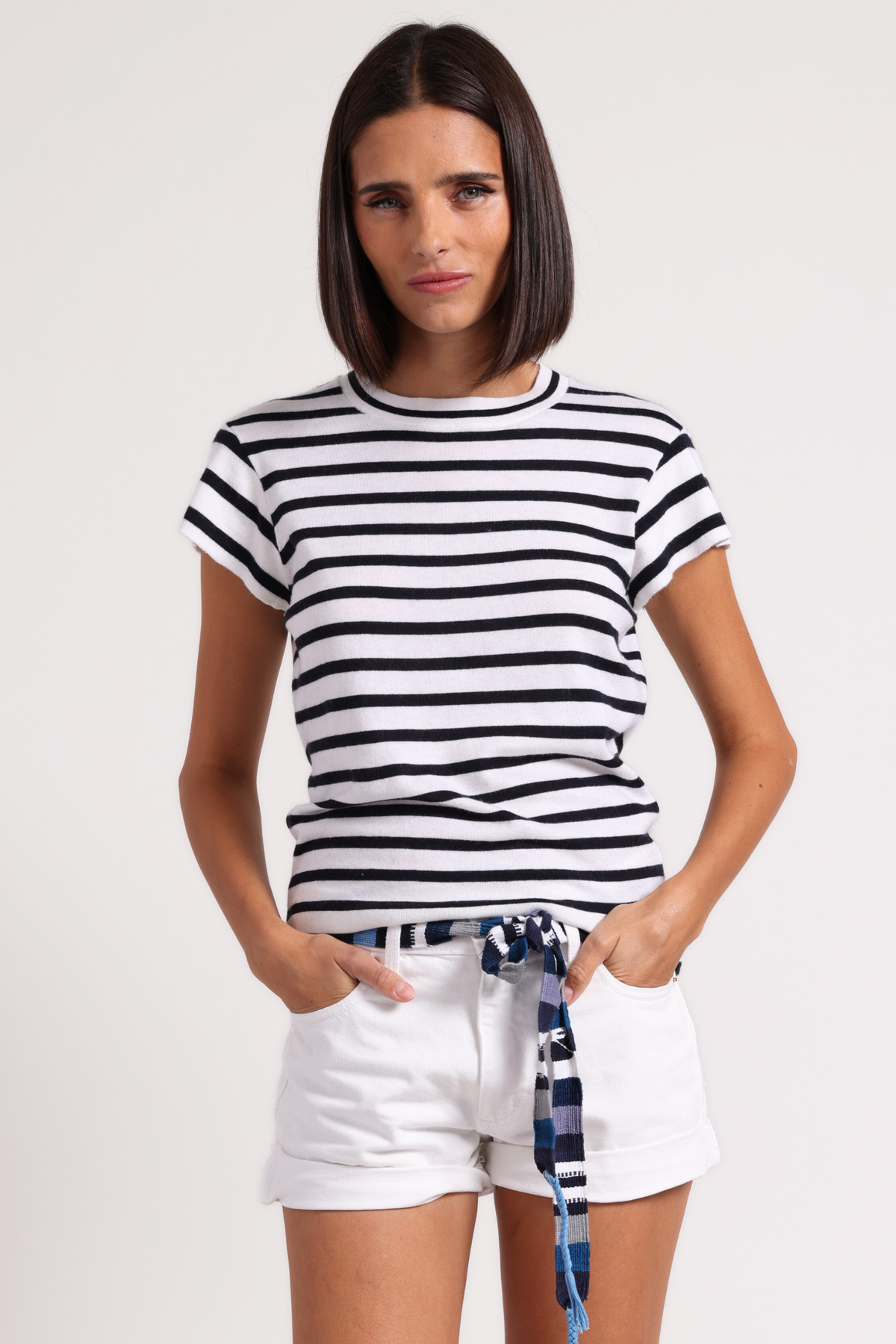 SUPIMA STRIPED CAP SLEEVE CREW