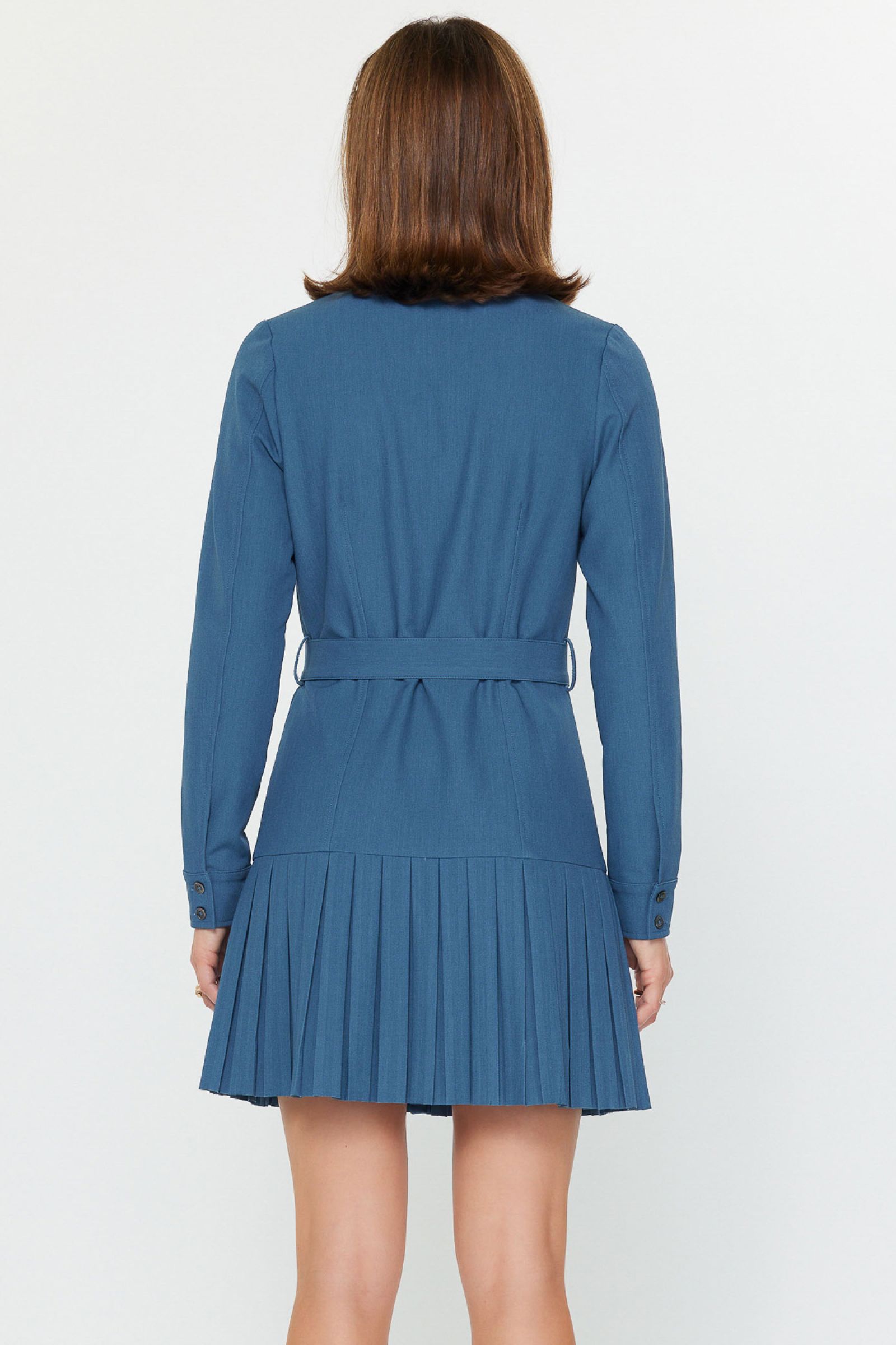 PLEATED HEM BUTTON UP DRESS AEGEAN BLUE / L