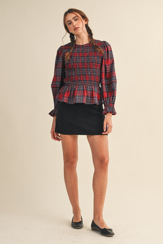 SMOCKED PLAID TOP