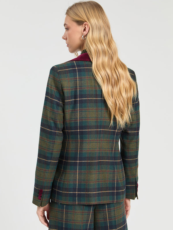VELVET DETAIL PLAID BLAZER