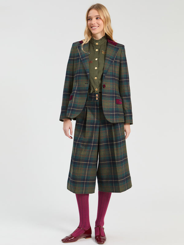 VELVET DETAIL PLAID BLAZER