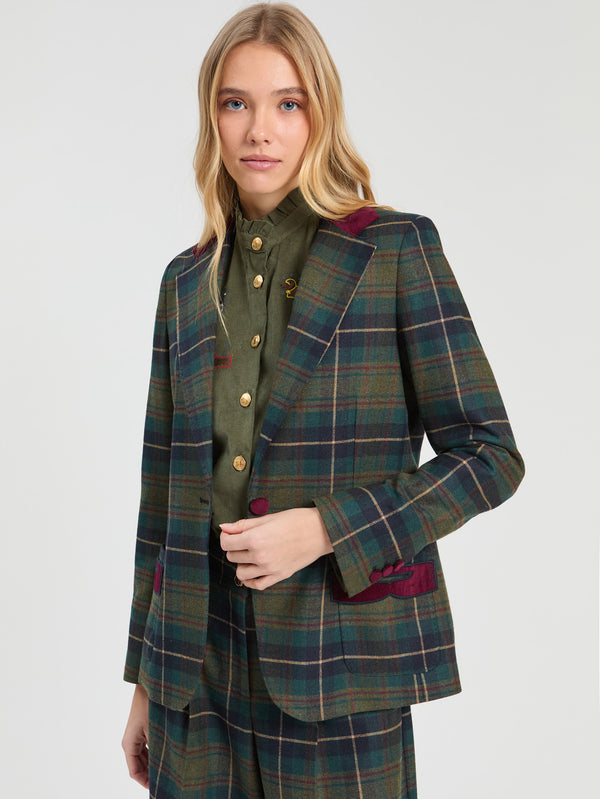 VELVET DETAIL PLAID BLAZER