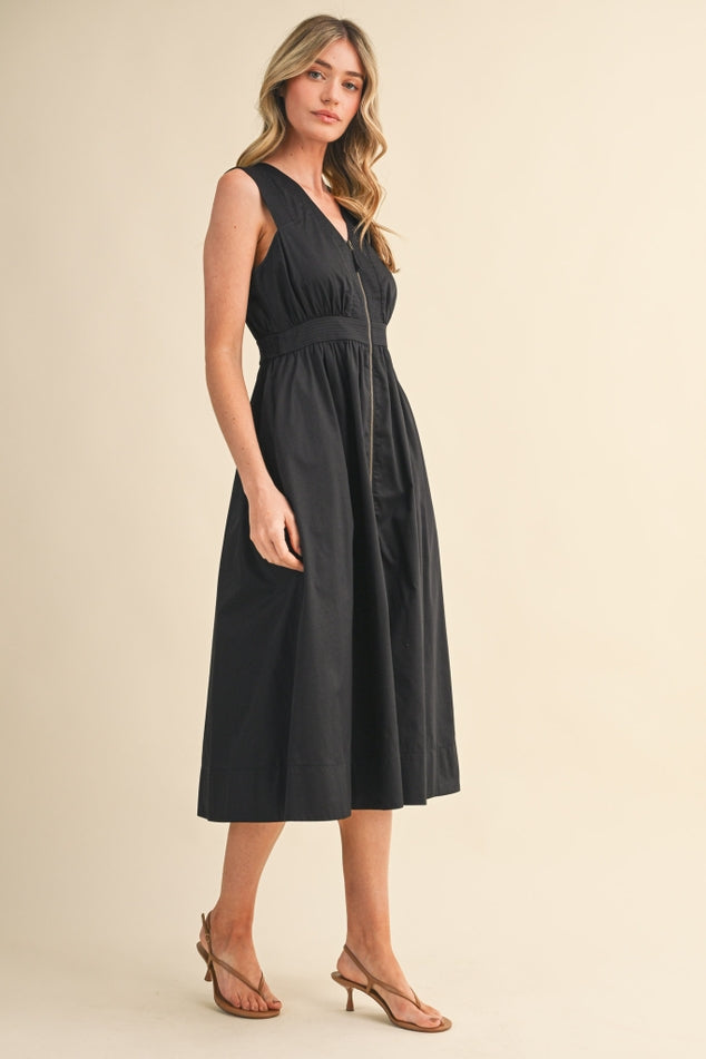 SLEEVELESS ZIPPER FRONT MIDI DRESS