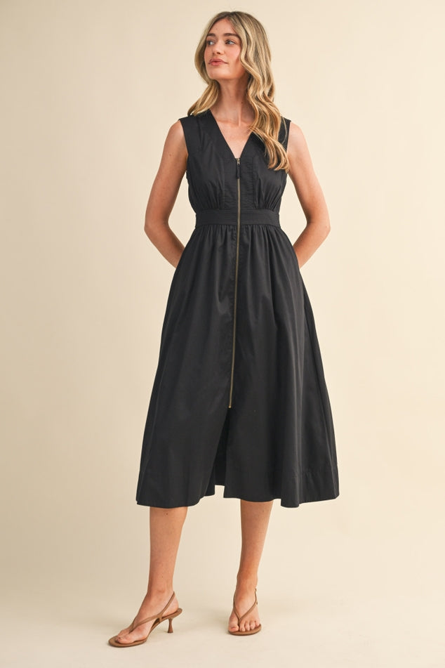 SLEEVELESS ZIPPER FRONT MIDI DRESS