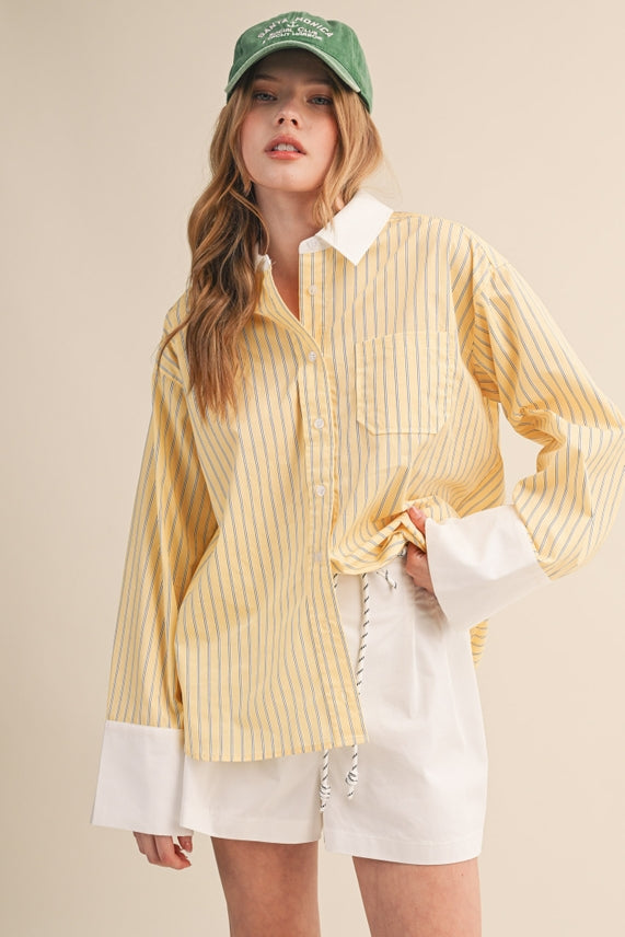 STRIPED WIDE CUFF BUTTON DOWN SHIRT