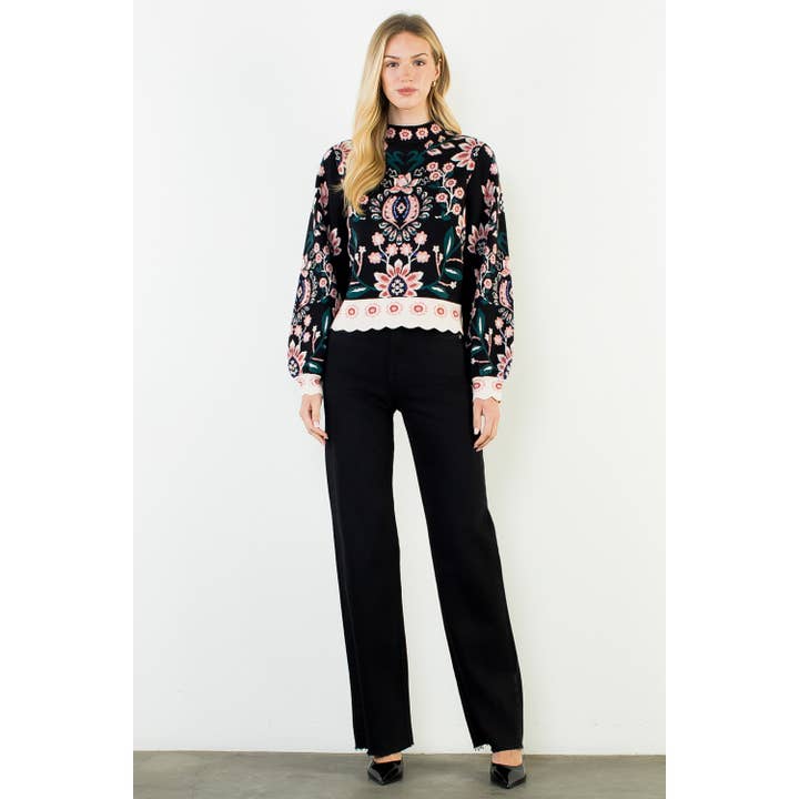 HIGH NECK FLORAL SWEATER