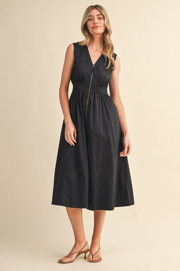 SLEEVELESS ZIPPER FRONT MIDI DRESS