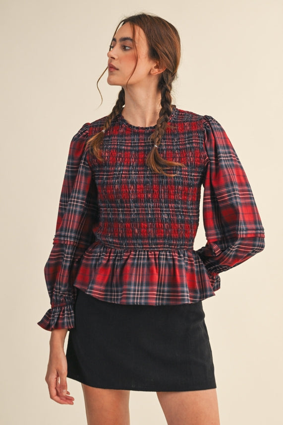 SMOCKED PLAID TOP