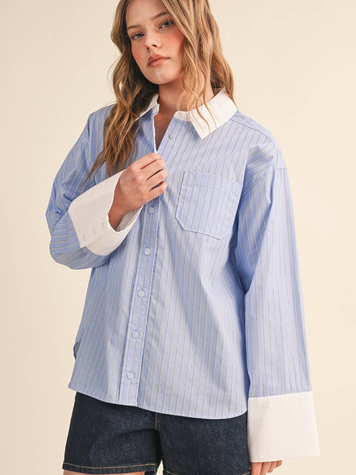 STRIPED WIDE CUFF BUTTON DOWN SHIRT