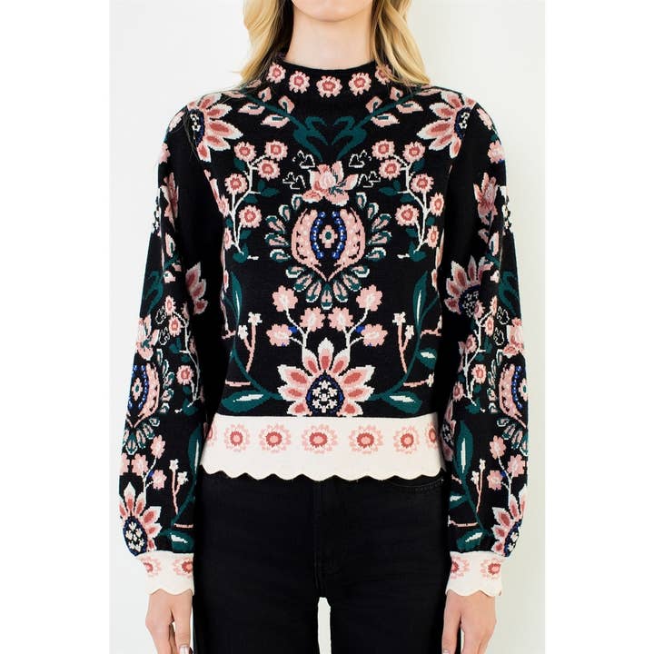 HIGH NECK FLORAL SWEATER