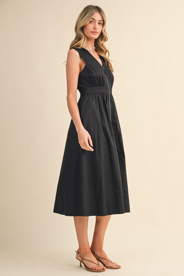 SLEEVELESS ZIPPER FRONT MIDI DRESS