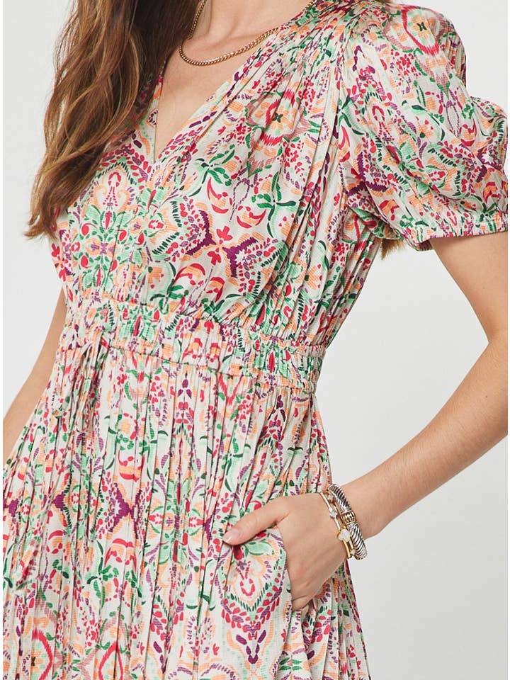 PRINTED PLEATED VNECK MIDI DRESS