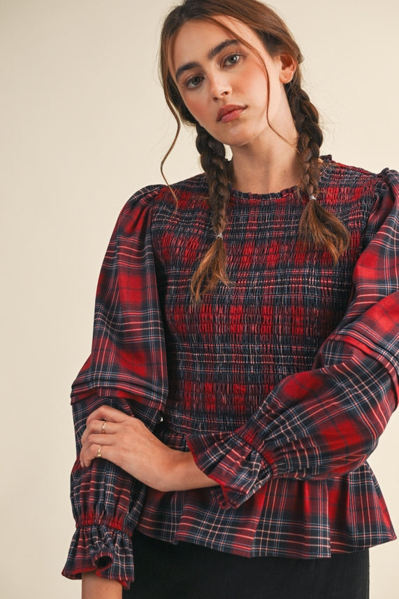 SMOCKED PLAID TOP