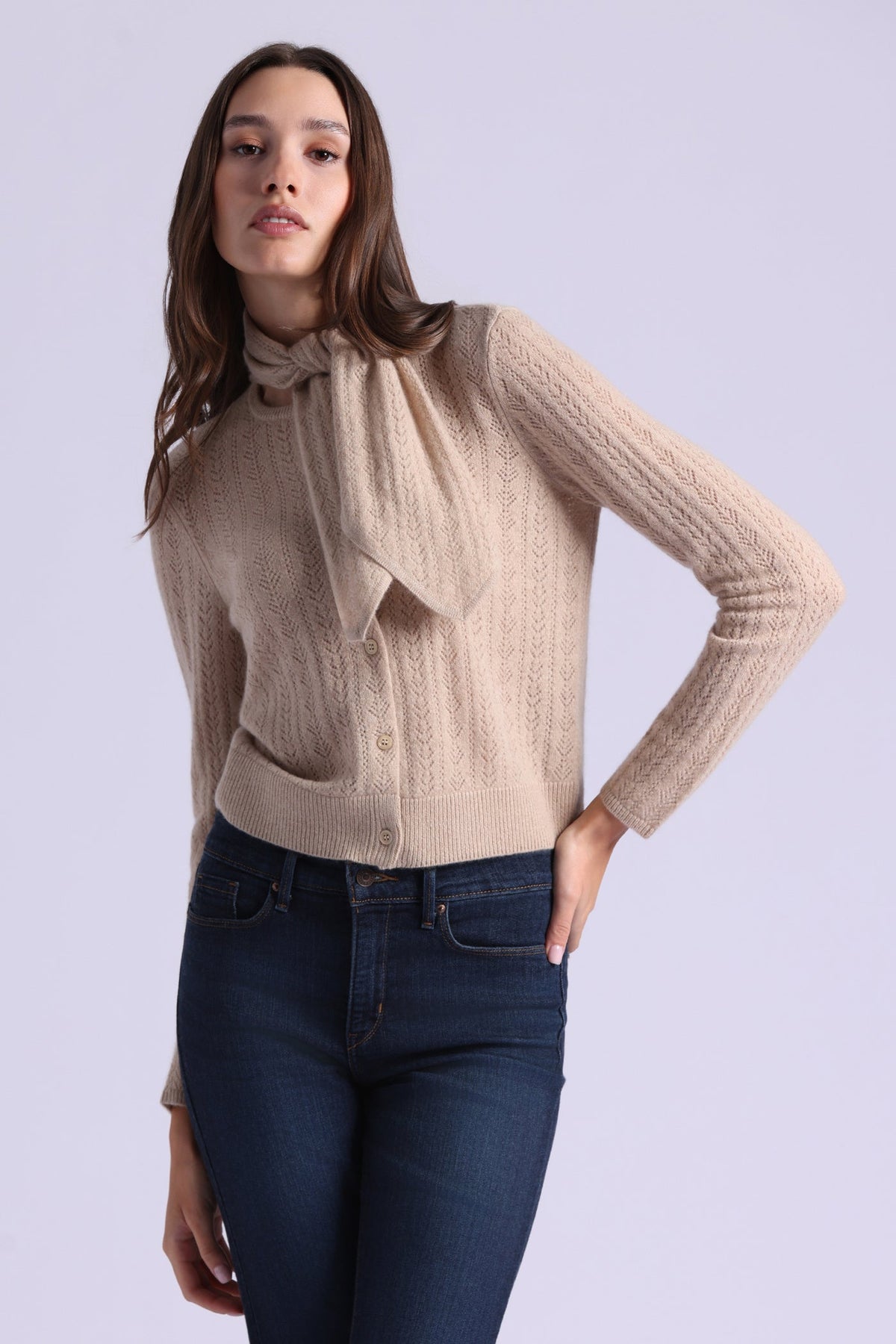 CASHMERE POINTELLE TIE UP CARDI