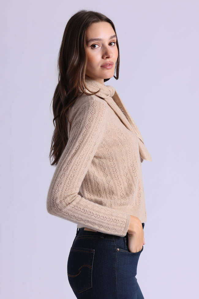 CASHMERE POINTELLE TIE UP CARDI
