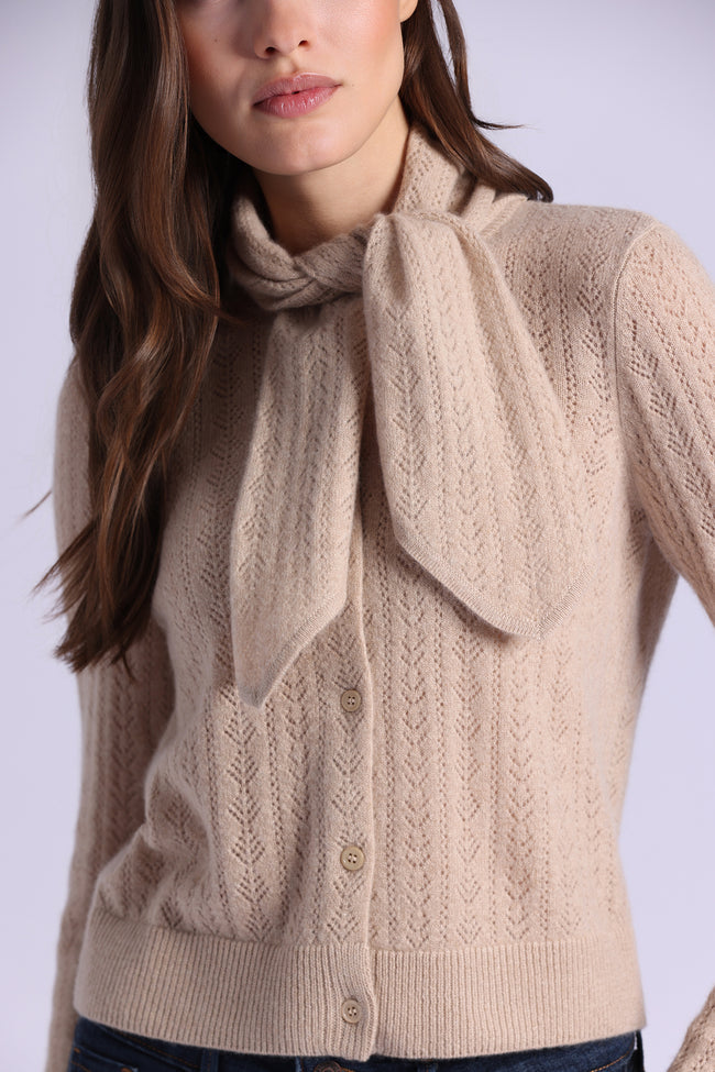 CASHMERE POINTELLE TIE UP CARDI