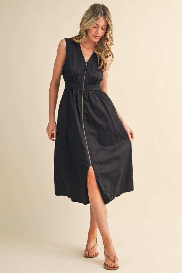 SLEEVELESS ZIPPER FRONT MIDI DRESS