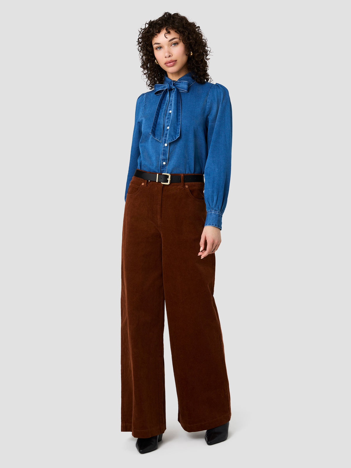 ZAVES CHAMBRAY BOW LONG SLEEVE TOP
