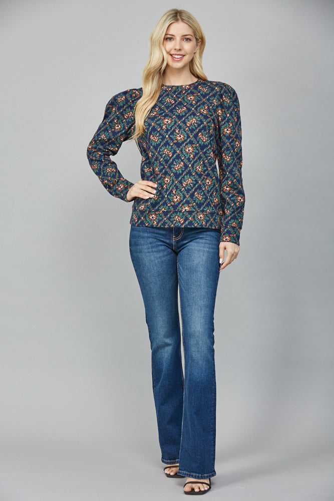 JAQUARD FLORAL PUFF SLEEVE TOP