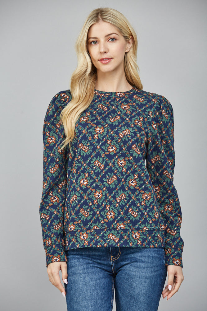 JAQUARD FLORAL PUFF SLEEVE TOP