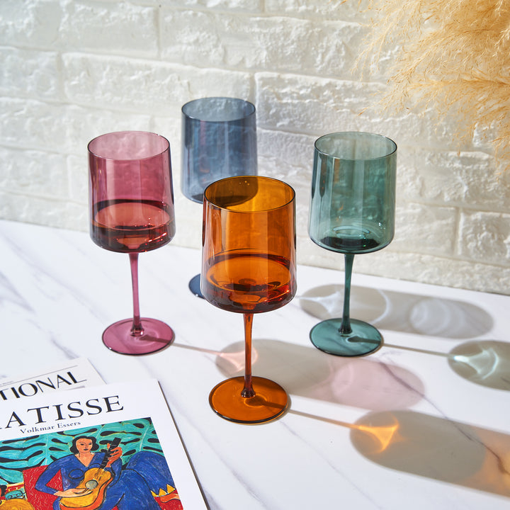 COLORED SQUARE CRYSTAL WINE GLASS SET/4