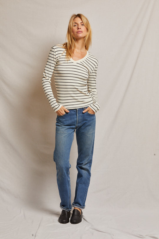 ROBYN RIB STRIPE LUXE LONG SLEEVE U NECK