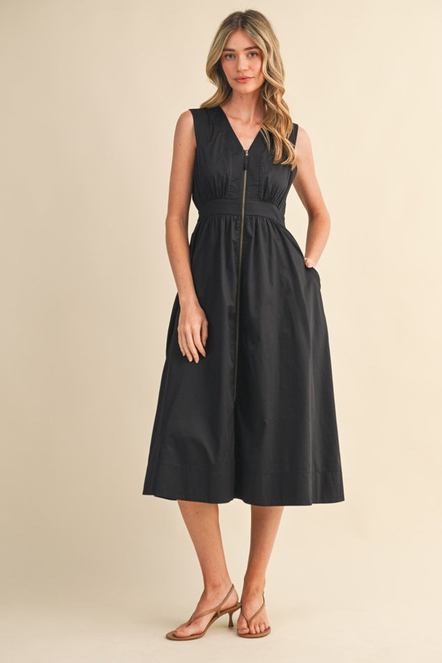 SLEEVELESS ZIPPER FRONT MIDI DRESS