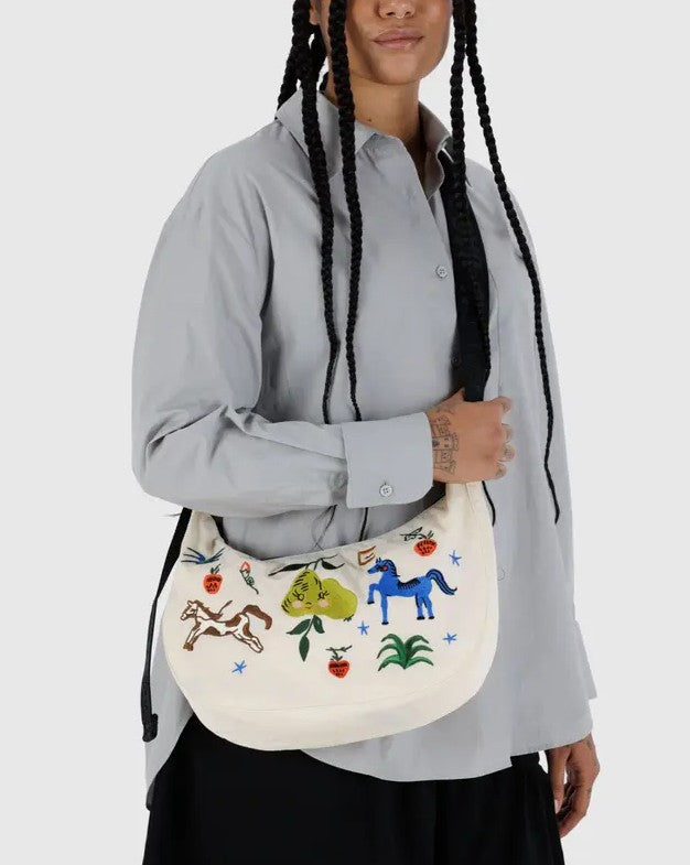MEDIUM NYLON EMBROIDERED CRESCENT BAG