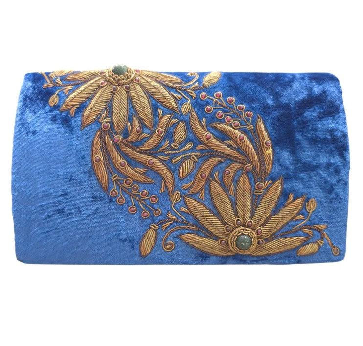 BRIGHT BLUE VELVET GOLD FLOWERS CLUTCH