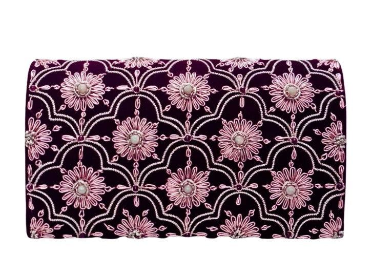MAROON VELVET SILVER ARCH PATTERN CLUTCH