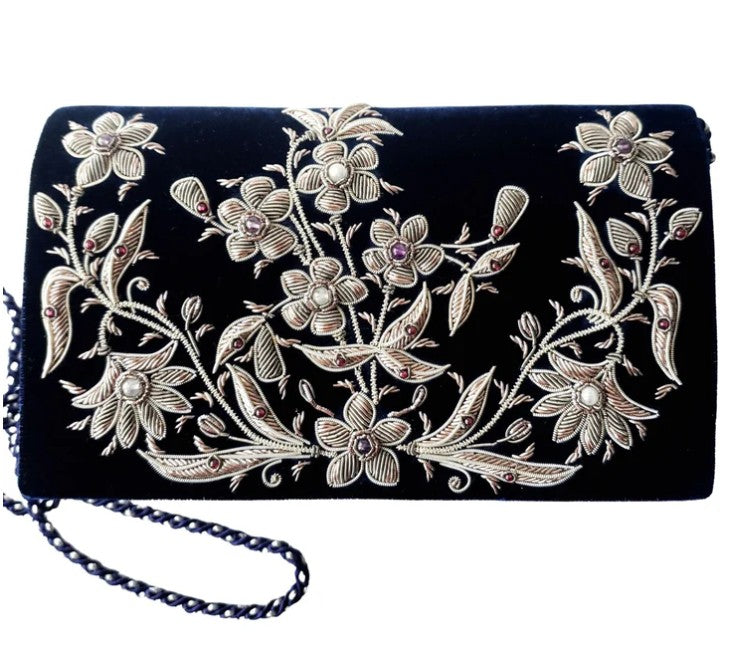 NAVY VELVET SILVER FLORAL PATTERN CLUTCH