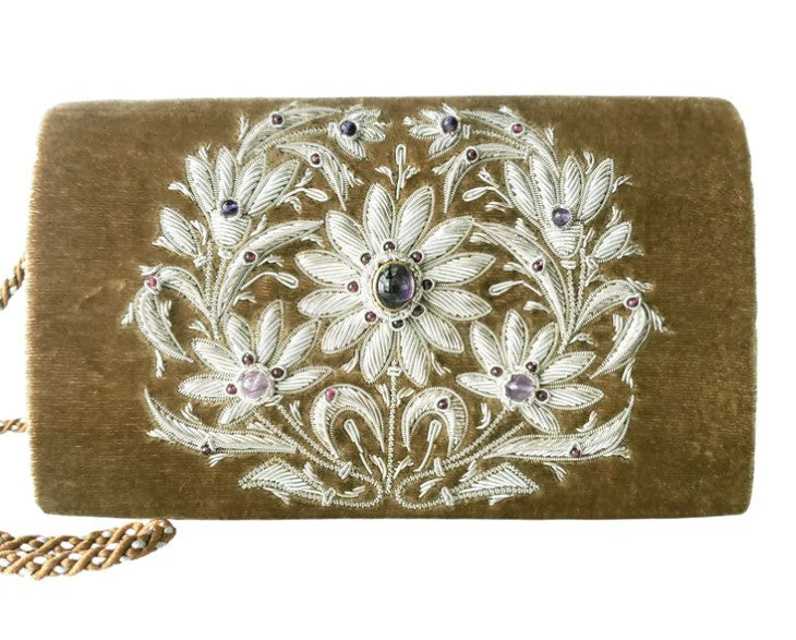 TAN VELVET SILVER MEDALLION CLUTCH