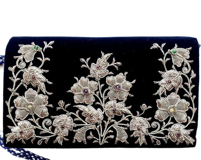 BLACK SILK ANTIQUE SILVER FLORAL CLUTCH