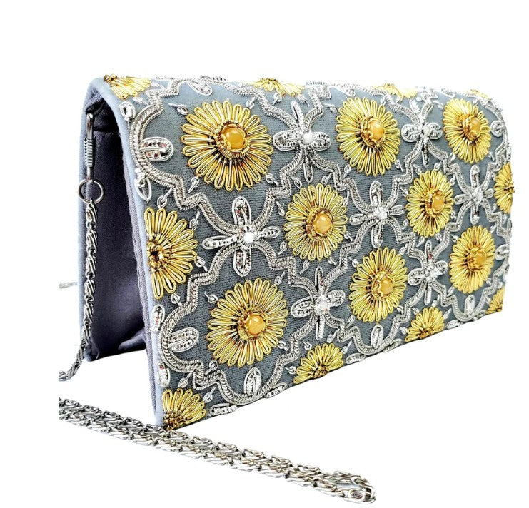 GRAY VELVET GOLD/SILVER ARABESQUE PATTERN CLUTCH