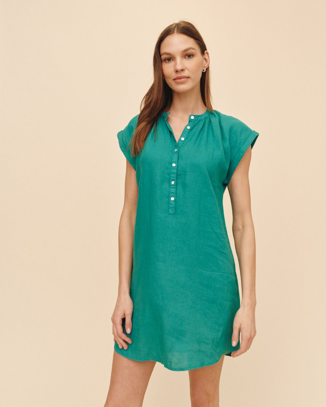 LINEN CAP SLEEVE HENLEY DRESS
