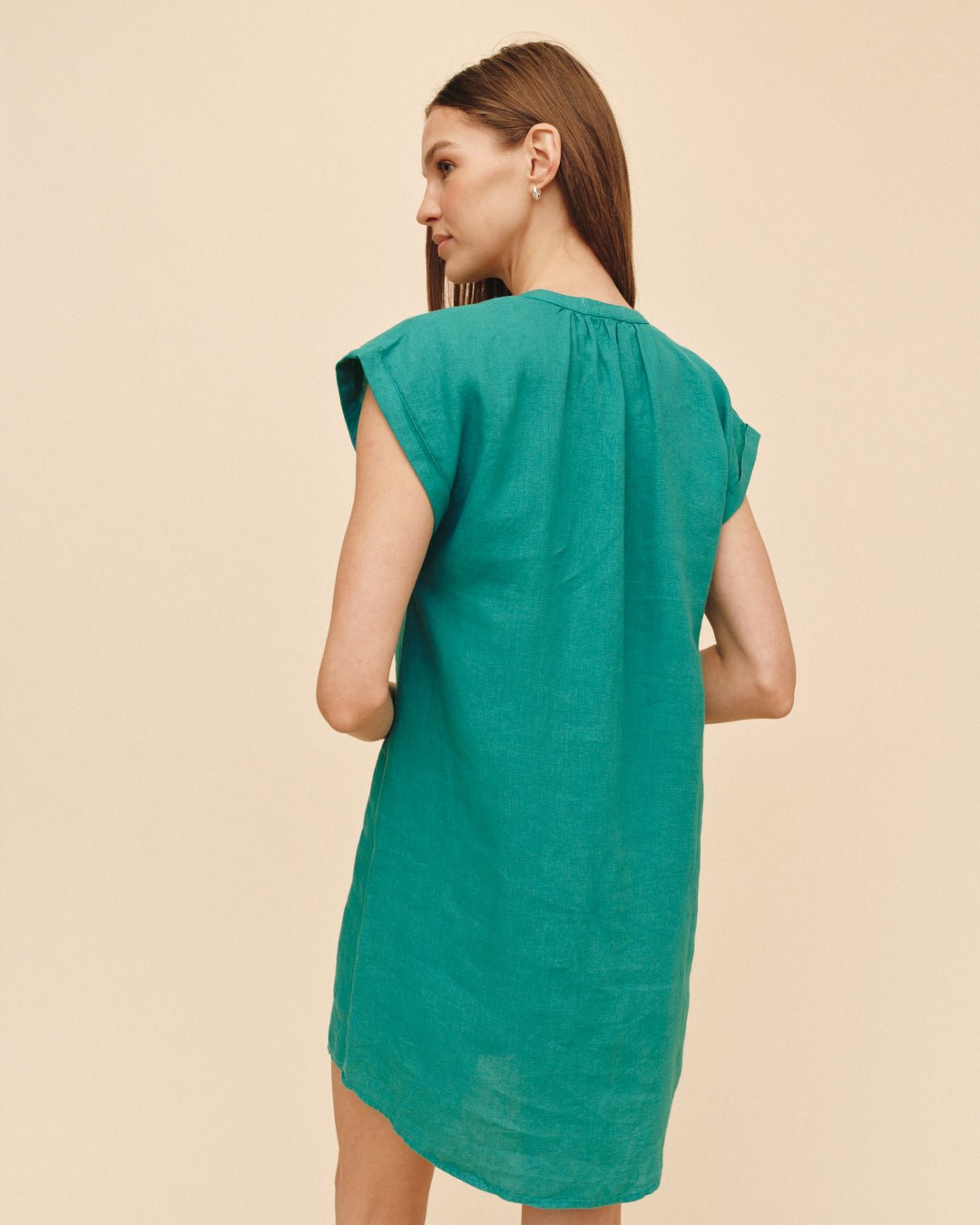 LINEN CAP SLEEVE HENLEY DRESS