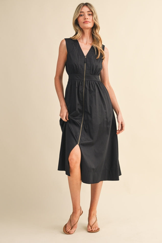SLEEVELESS ZIPPER FRONT MIDI DRESS