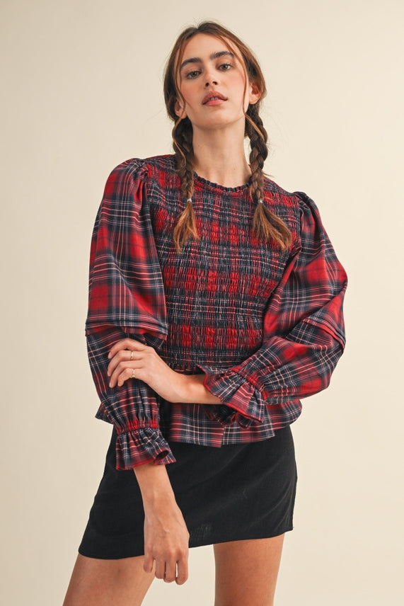 SMOCKED PLAID TOP