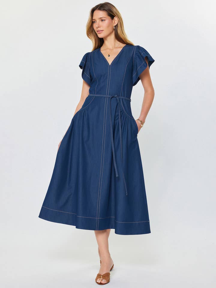 FLUTTER SLEEVE VNECK ALINE MIDI DRESS
