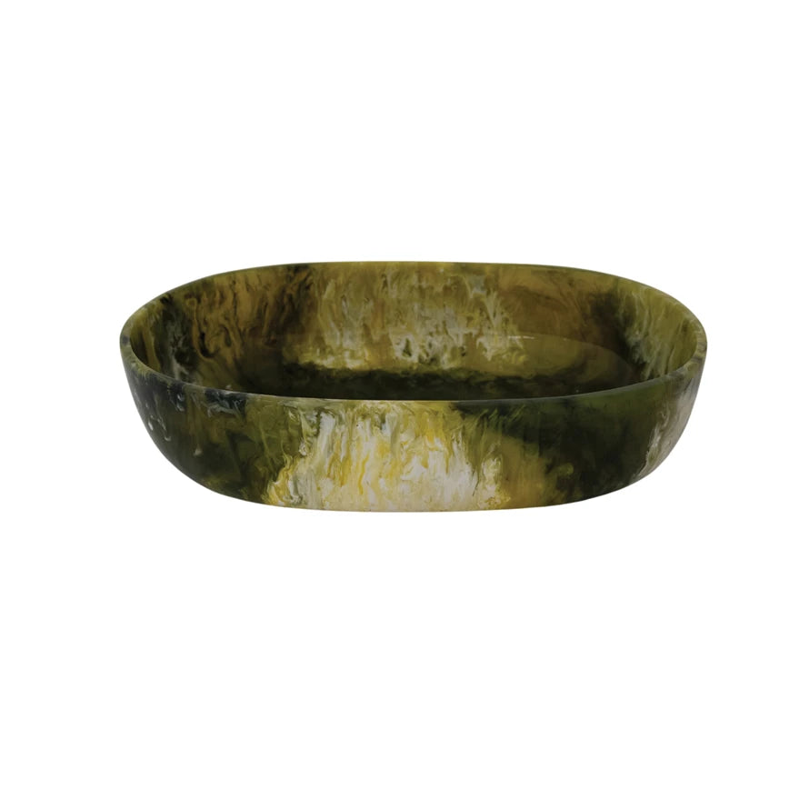 GREEN MARBLED RESIN OVAL BOWL