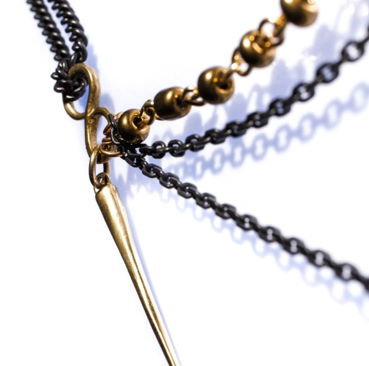 LAYERED BRASS ROSARY QUILL DROP NECKLACE