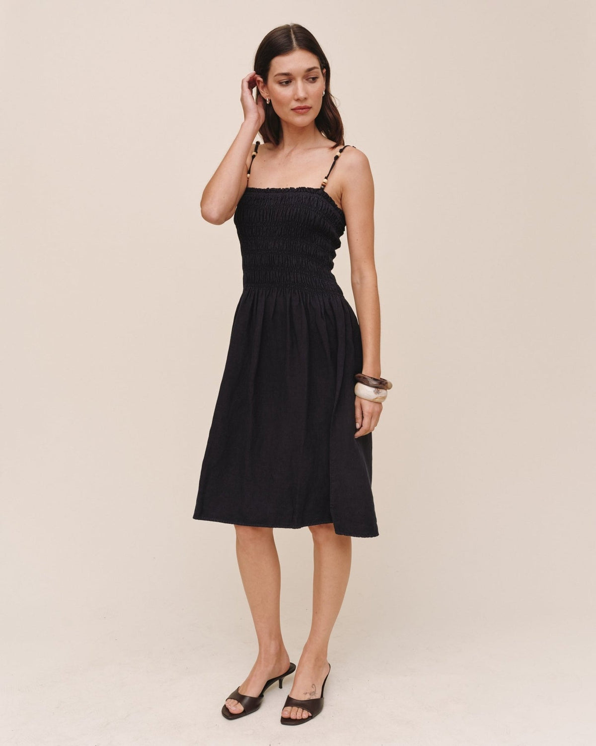 SMOCKED DRESS WITH BEADED STRAPS