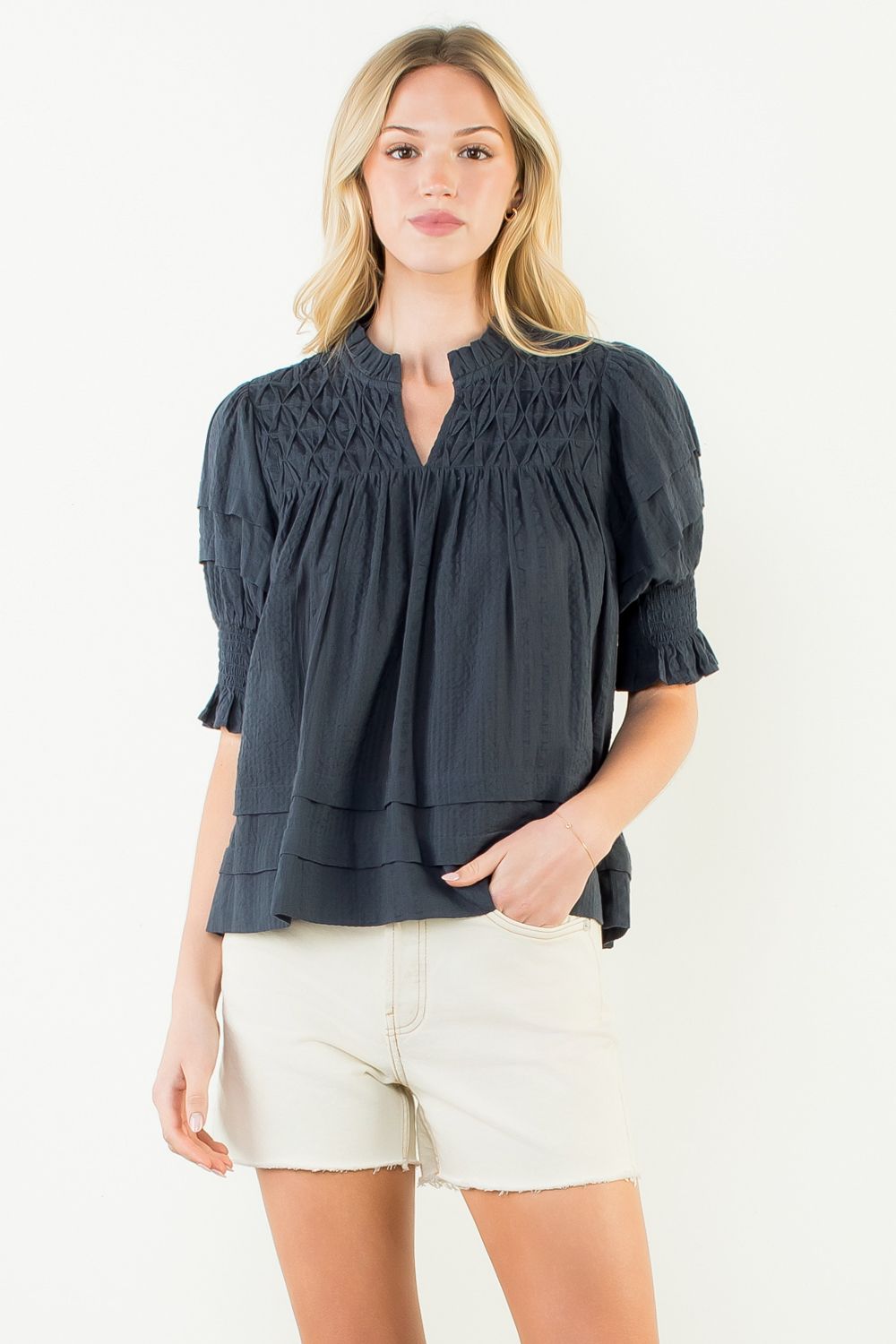 SHORT SLEEVE CRINKLE DETAIL TOP