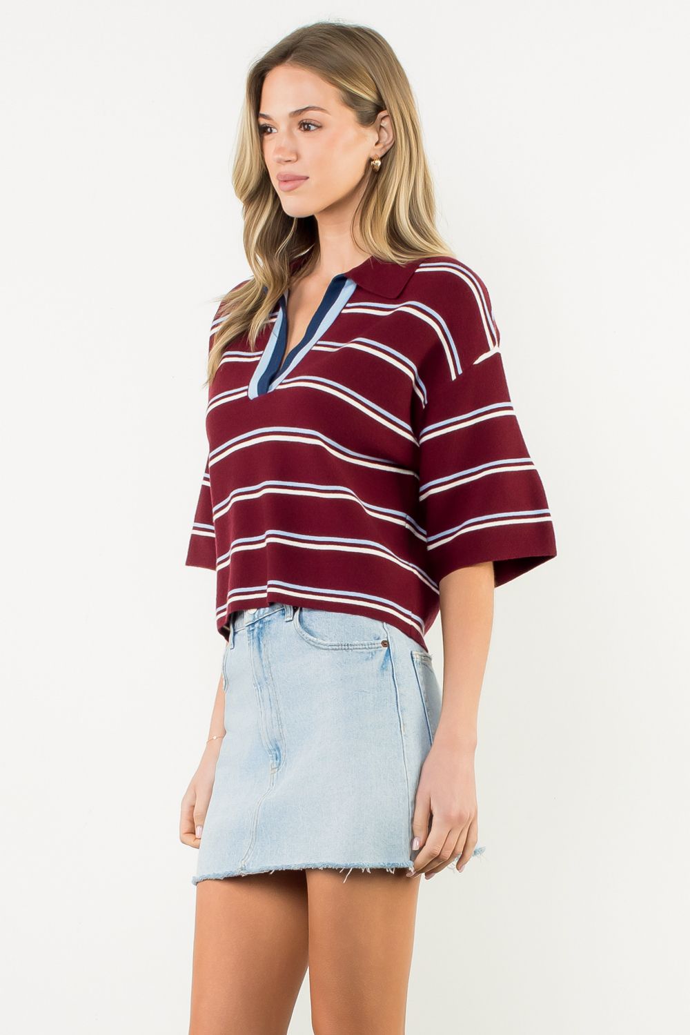 SHORT SLEEVE STRIPED KNIT TOP