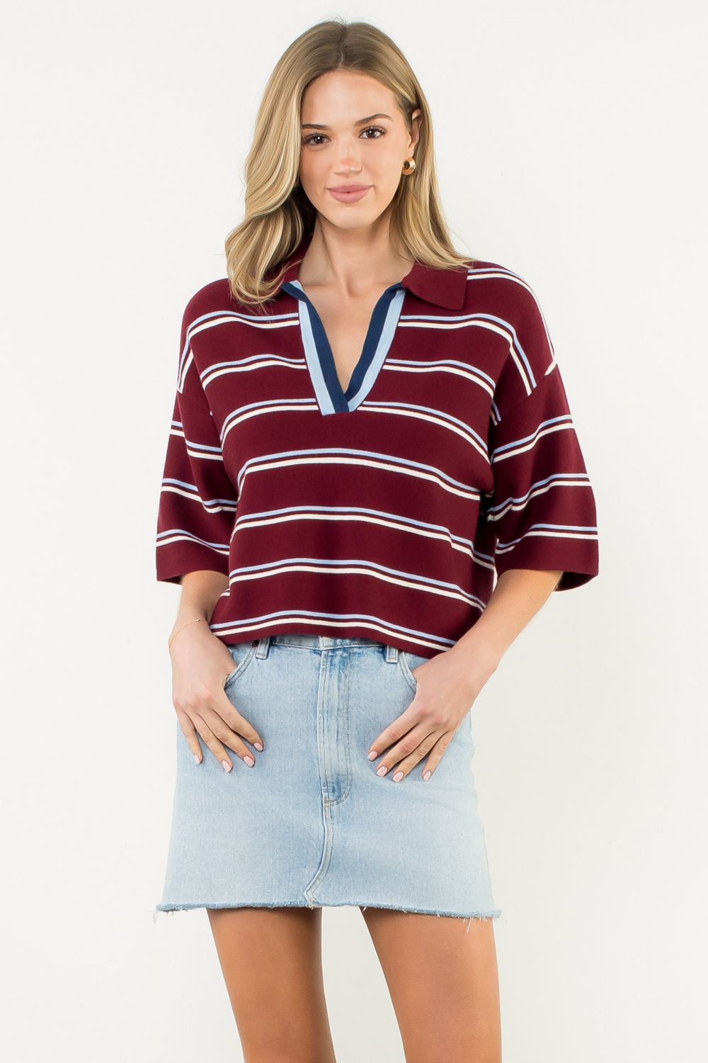 SHORT SLEEVE STRIPED KNIT TOP